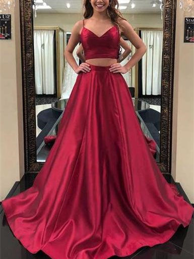 2 Pieces Long A-line Red Satin Simple Design Prom Dresses