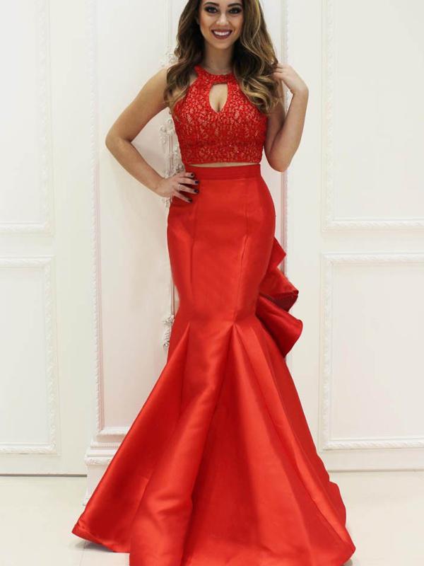 2 Pieces Red Lace Mermaid Satin Prom Dresses