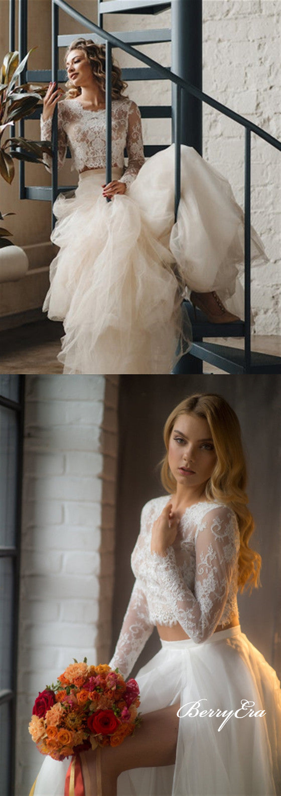 2 Pieces Lace Top A-line Tulle Skirt Long Wedding Dresses, Bridal Gown