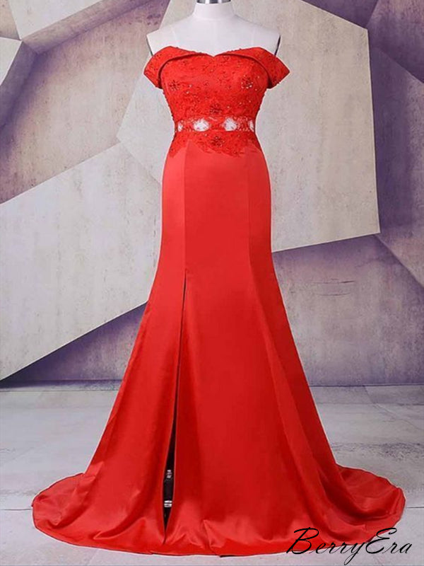 Red Color High Slit Evening Party Prom Dresses, Long Prom Dresses, Popular Prom Dresses