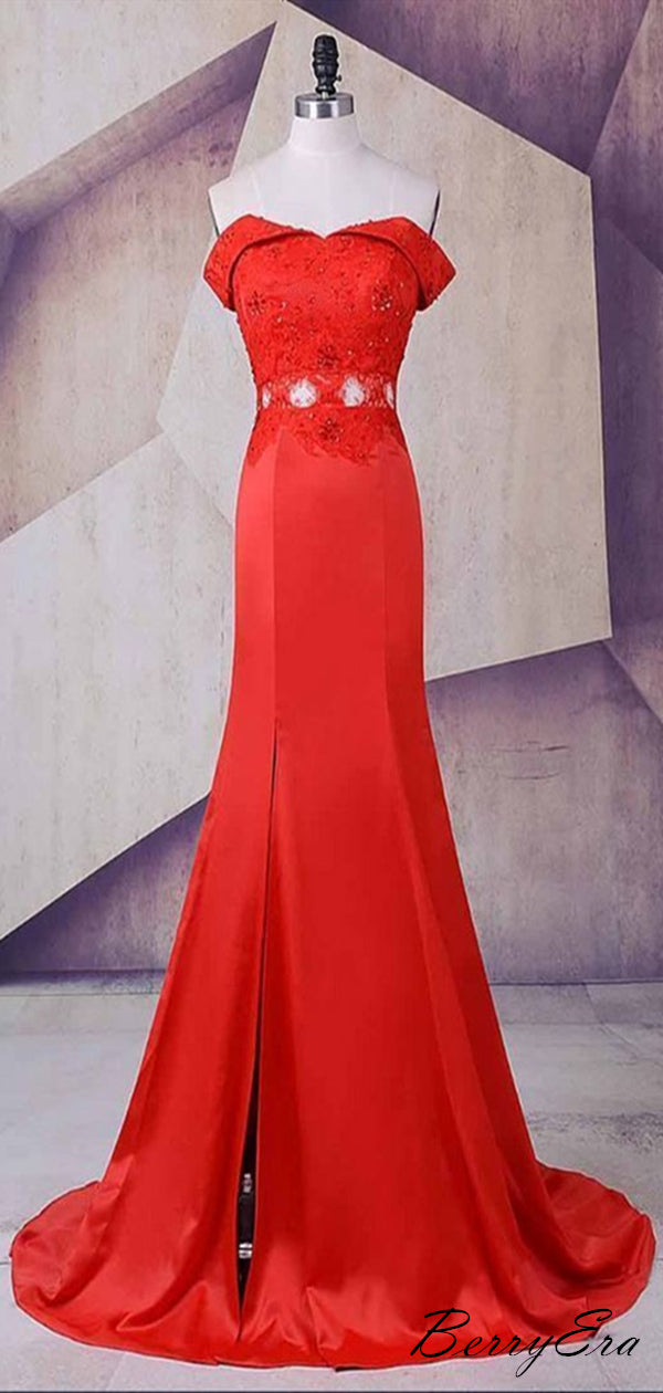 Red Color High Slit Evening Party Prom Dresses, Long Prom Dresses, Popular Prom Dresses