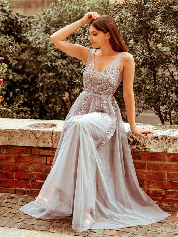 Sleeveless Newest Evening Party Prom Dresses, Appliques Lace A-line 2021 Long Prom Dresses