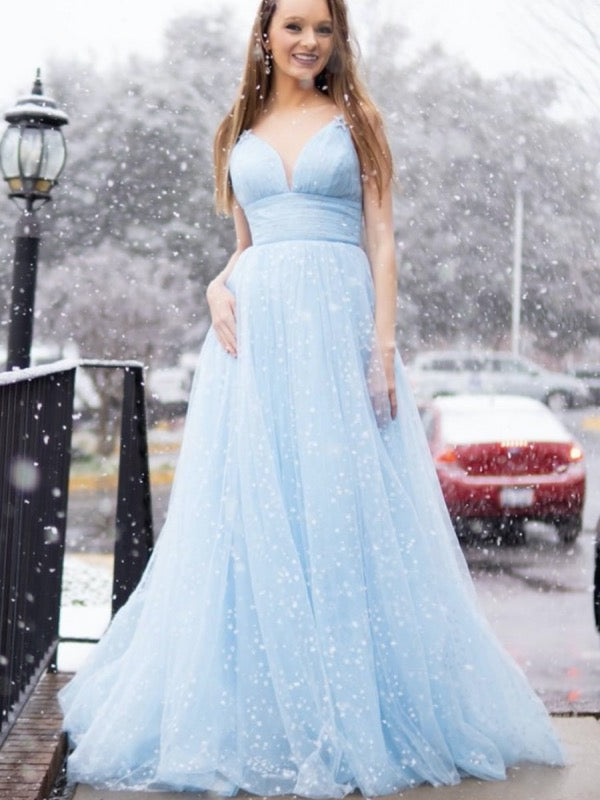 Beauty Sky Blue Tulle Prom Dresses, A-line Prom Dresses, Newest Long Prom Dresses