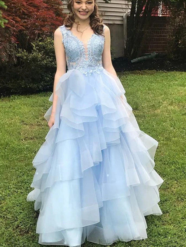 Stylish Fluffy Long Prom Dresses, Light Blue Lace Prom Dresses, New 2020 Prom Dresses