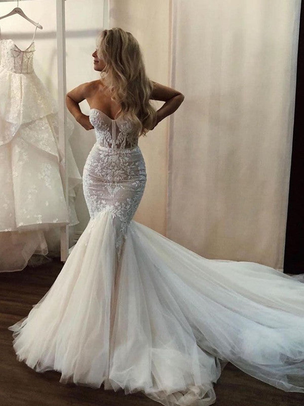 Strapless Sexy Sweetheart Bridal Gowns, Mermaid Lace Newest Wedding Dresses