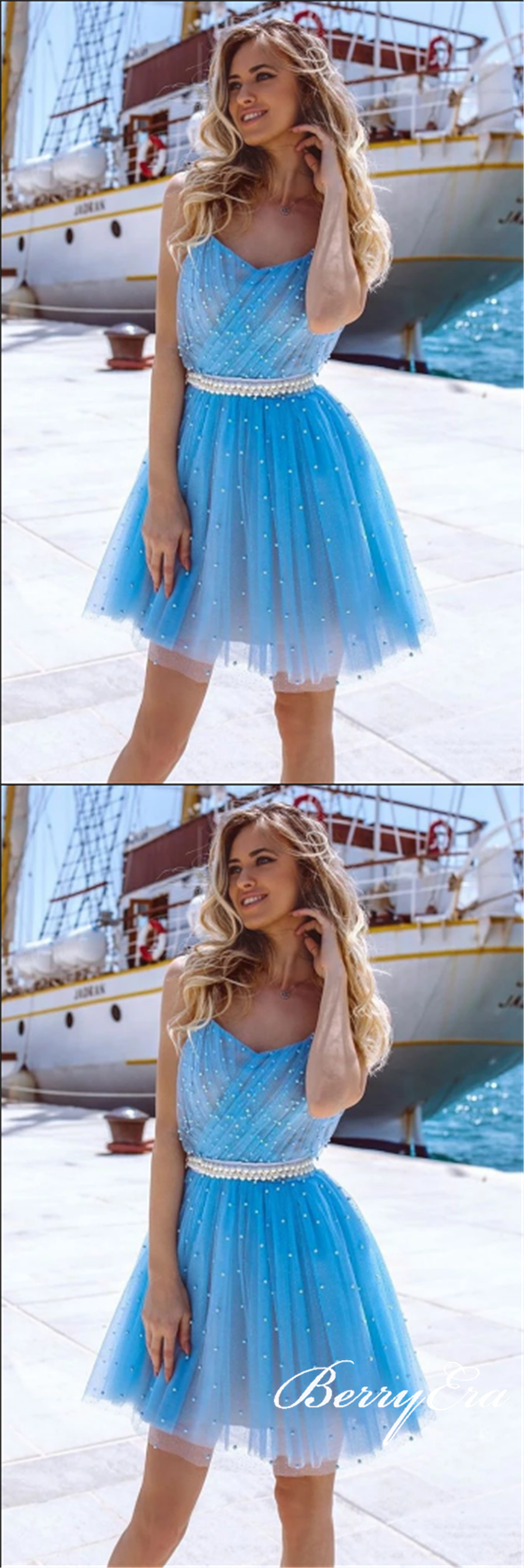 Ice Blue Tulle Beaded Short Prom Dresses, Homecoming Dresses
