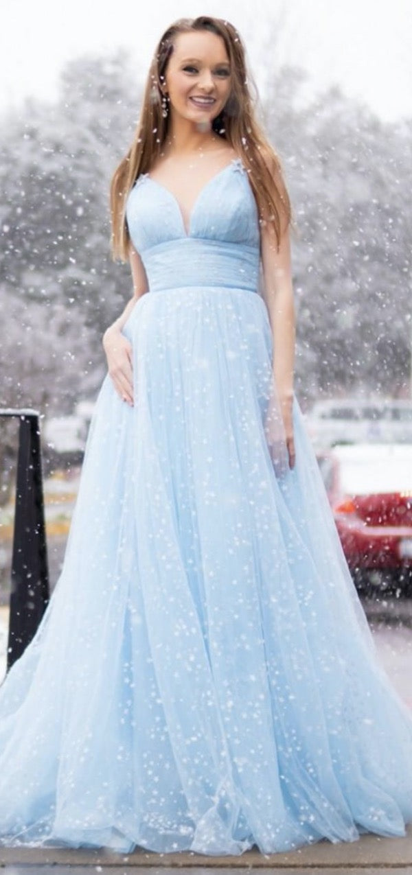 Beauty Sky Blue Tulle Prom Dresses, A-line Prom Dresses, Newest Long Prom Dresses