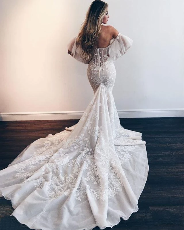 Fashion Off Shoulder Lace Wedding Dresses, Modest 2020 Mermaid Wedding Dresses