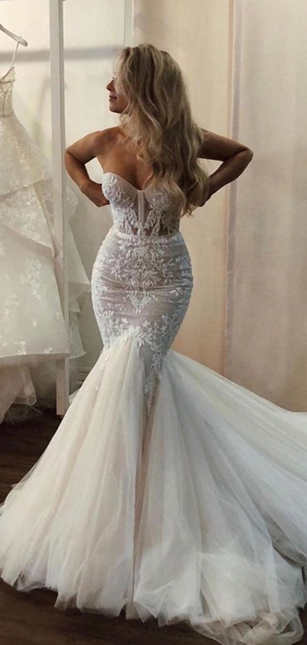 Strapless Sexy Sweetheart Bridal Gowns, Mermaid Lace Newest Wedding Dresses