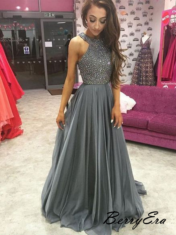 Rhinestone Halter Sequins Prom Dresses, Formal Long Prom Dresses