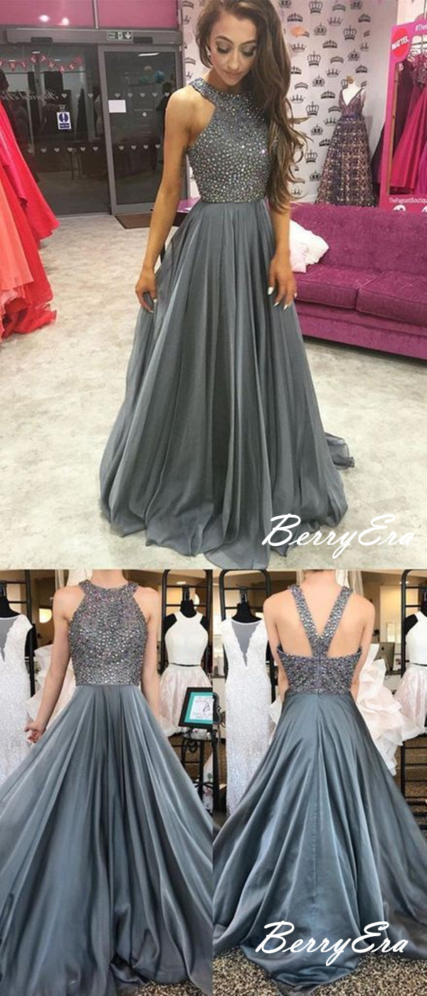 Rhinestone Halter Sequins Prom Dresses, Formal Long Prom Dresses