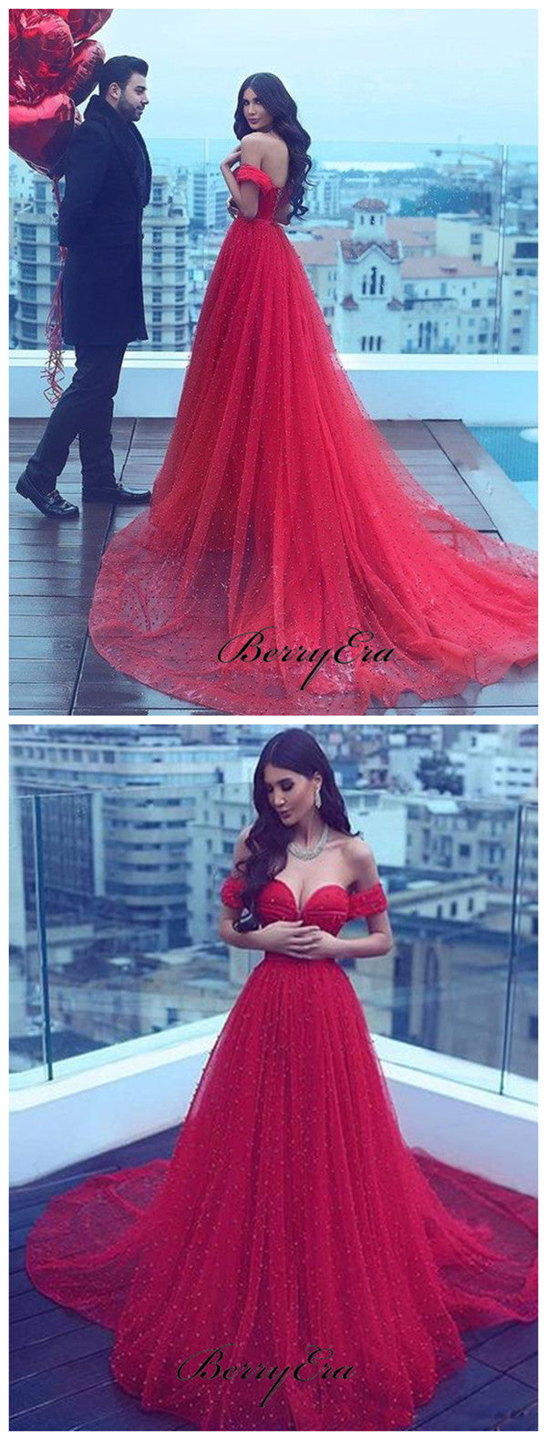 Red Color Off the Shoulder Wedding Dresses, Pearls Trendy Wedding Dresses