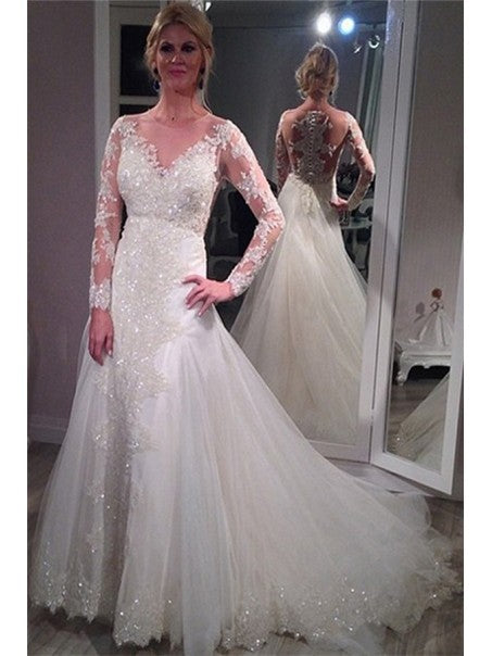 Long Sleeves Lace Beaded Wedding Dresses, Gorgeous Wedding Dresses, Long Wedding Dresses