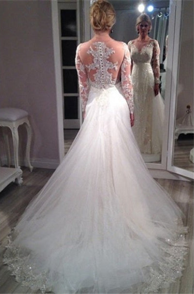 Long Sleeves Lace Beaded Wedding Dresses, Gorgeous Wedding Dresses, Long Wedding Dresses