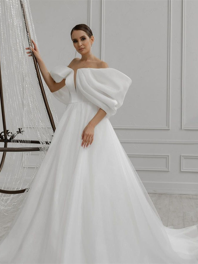 Gorgeous A-line Organza Tulle Wedding Dresses With Dramatic Sleeves, 2023 Wedding Dresses, Long Wedding Dresses, Bridal Gown