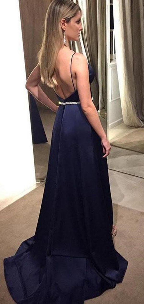 Open Back Spaghetti Straps Long Prom Dresses, Simple 2020 Long Prom Dresses