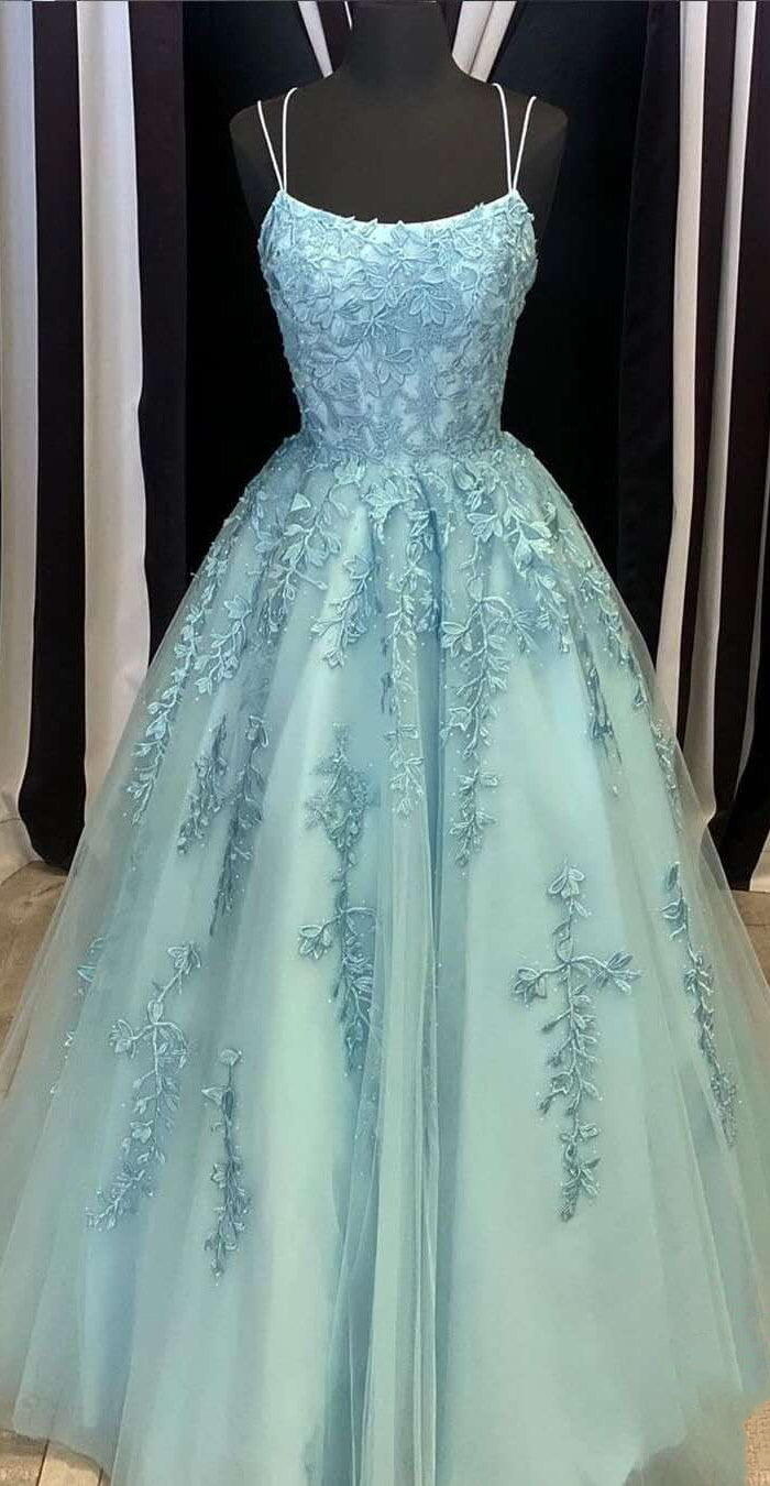 Light Blue Lace Beaded Prom Dresses, Popular Prom Dresses, Cheap Prom Dresses