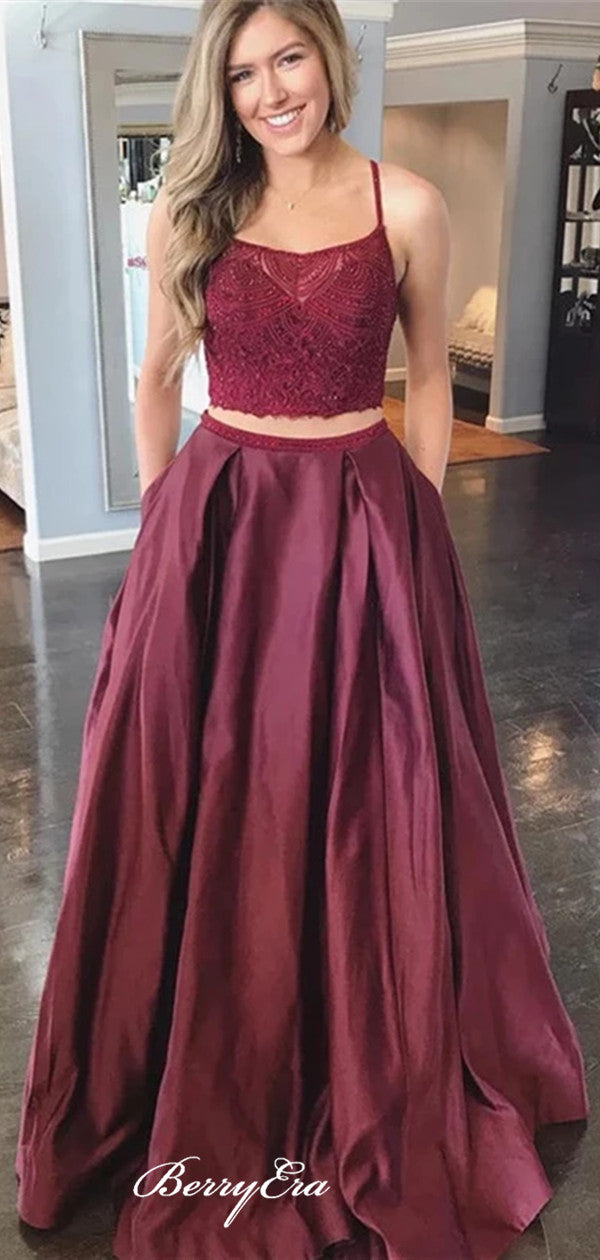 Two Pieces Pocket Prom Dresses, Lace Prom Dresses, Prom Dresses Long