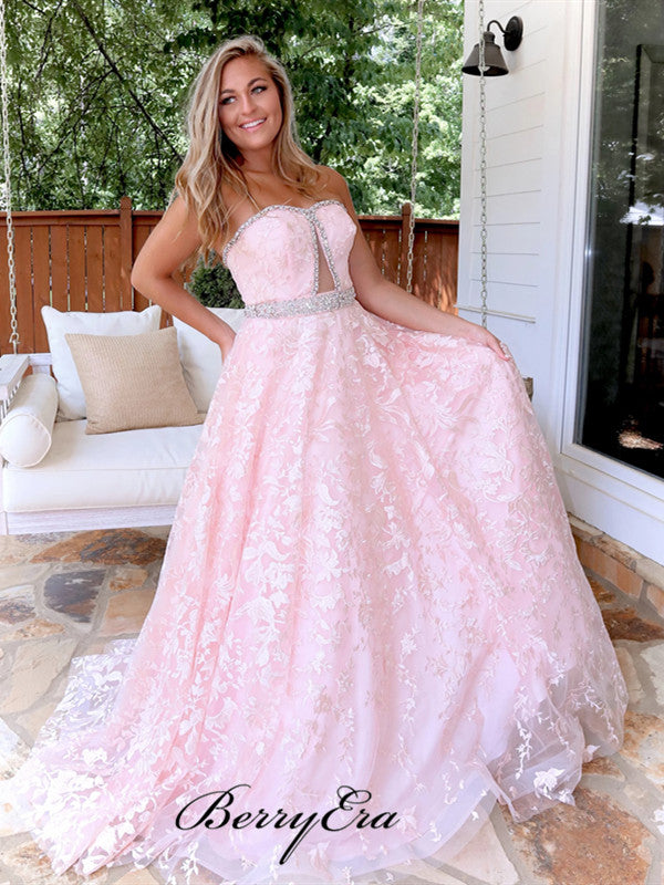 Strapless Sweetheart Prom Dresses Long, Lace Beaded Elegant 2020 Prom Dresses