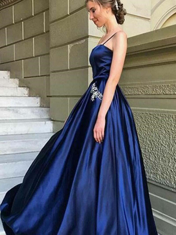 Elegant Royal Blue Spaghetti Straps Long A-Line Satin Prom Dresses