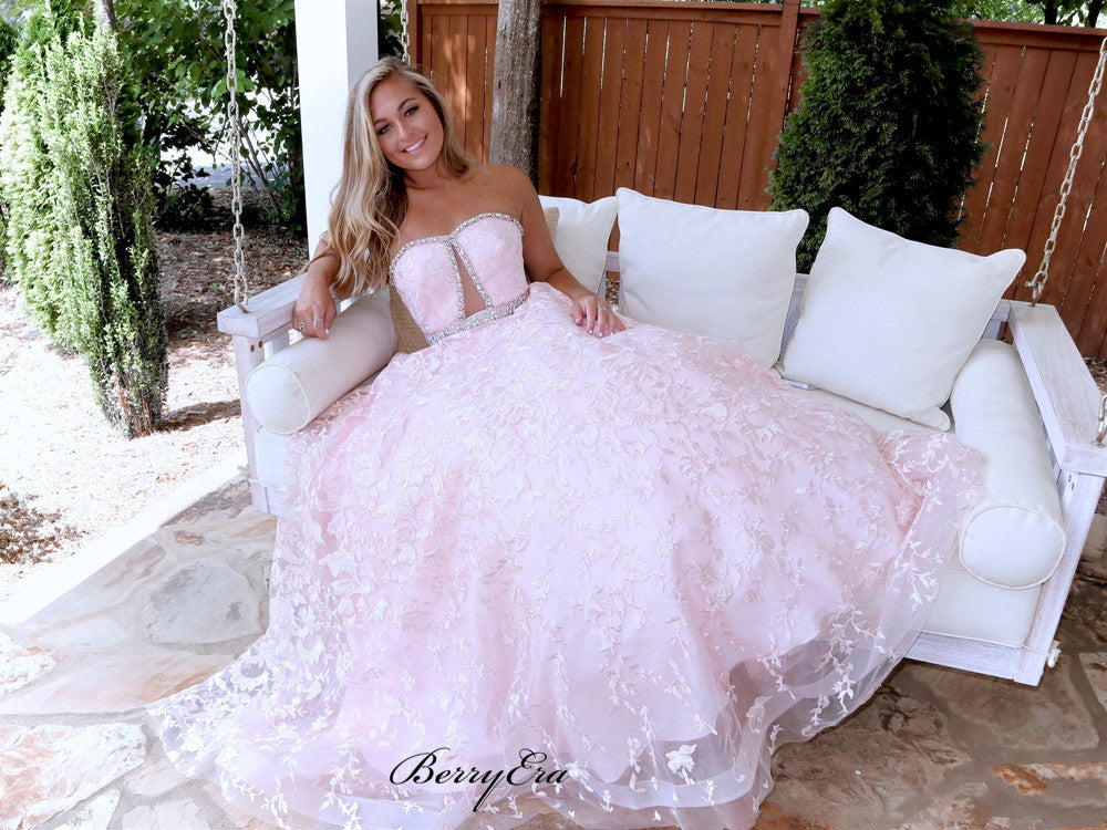 Strapless Sweetheart Prom Dresses Long, Lace Beaded Elegant 2020 Prom Dresses