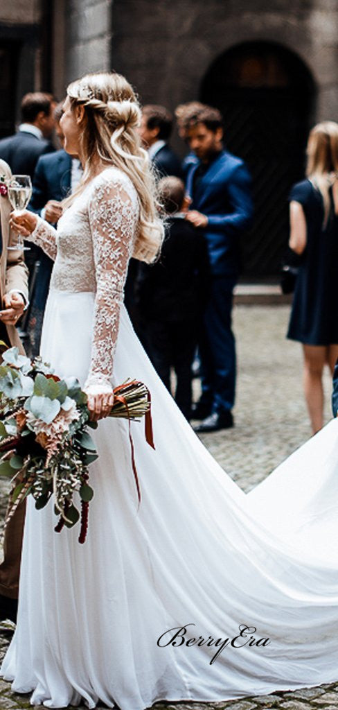 V-neck Long Sleeves Wedding Dresses, Lace A-line Wedding Dresses