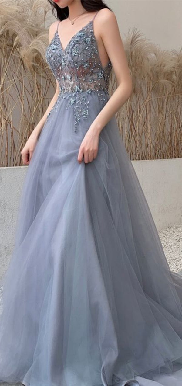 Dusty Blue A-line Prom Dresses, 2020 Newest Long Prom Dresses, Beaded Prom Dresses