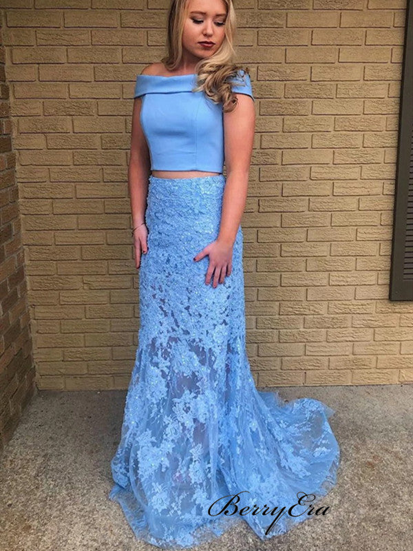 Off Shoulder Lace Prom Dresses, Two Pieces Prom Dresses, 2020 Prom Dresses
