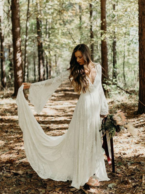 Deep V-neck Lace Wedding Dresses, Long Sleeves A-line Popular 2020 Wedding Dresses