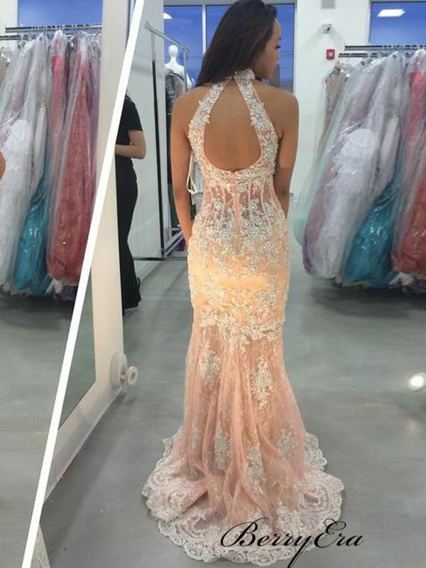 High Neck Sleeveless Prom Dresses, Lace Mermaid Prom Dresses Long