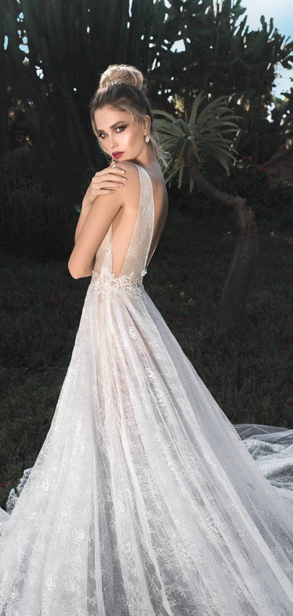 Lace V-neck Popular Wedding Dresses, See Through A-line 2020 Wedding Dresses