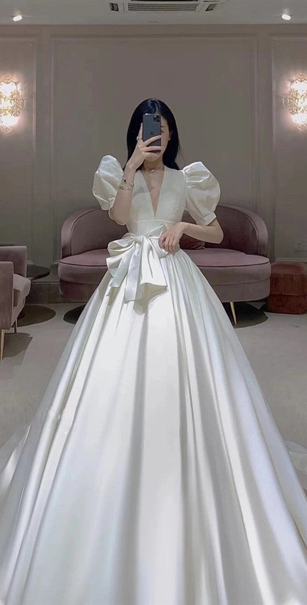 V-neck Puff Sleeves Newest Wedding Dresses, Luxury A-line Bridal Gowns