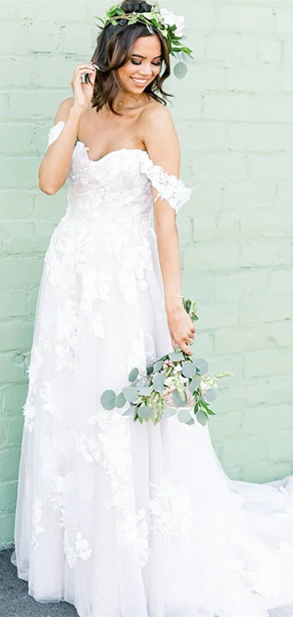 Lace Popular Off Shoulder Long Wedding Dresses, Stylish Lace Wedding Dresses