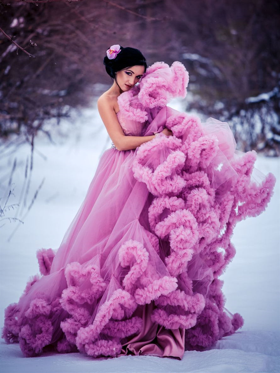 Strapless Fluffy Gorgeous Wedding Dresses, A-line Ruffled Long Wedding Dresses, Bridal Gown