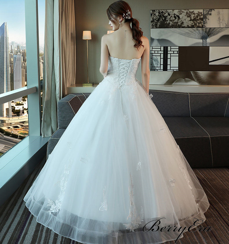 Strapless Long A-line Ivory Lace Tulle Wedding Dresses, Bridal Gown