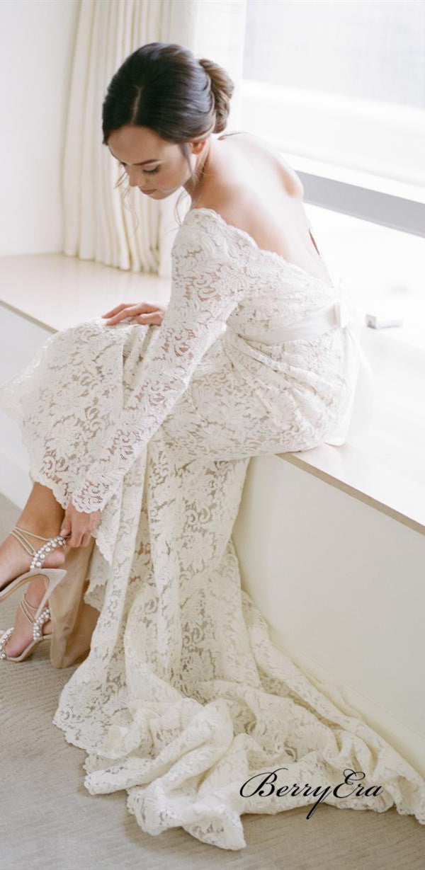 Long Sleeves Deep V-neck Wedding Dresses, Popular Lace Wedding Dresses