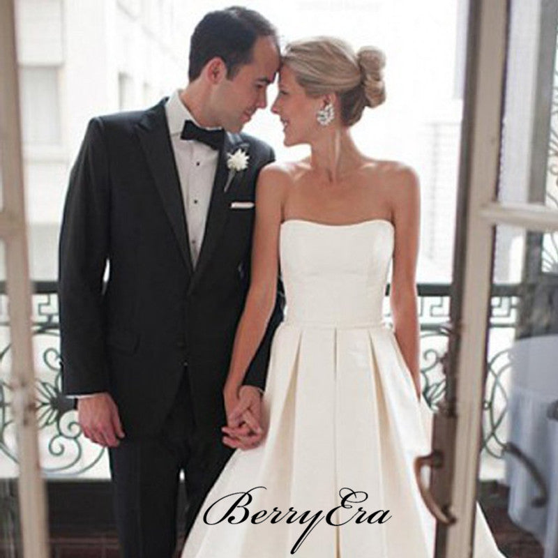 Strapless A-line Satin Wedding Dresses, Ivory Bridal Wedding Dresses