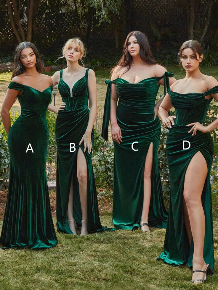 Mismatched Emerald Green Velvet Long Bridesmaid Dresses, Newest Popular Bridesmaid Dresses, 2023 Prom Dresses, Newest Prom Dresses