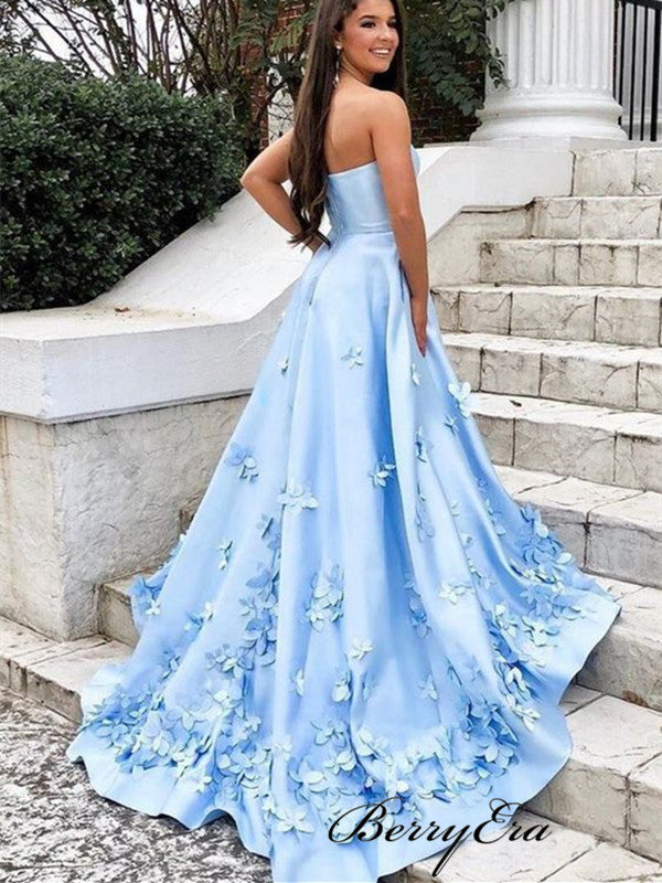 Beauty Blue Color Appliques Prom Dresses, A-line Flower Prom Dresses