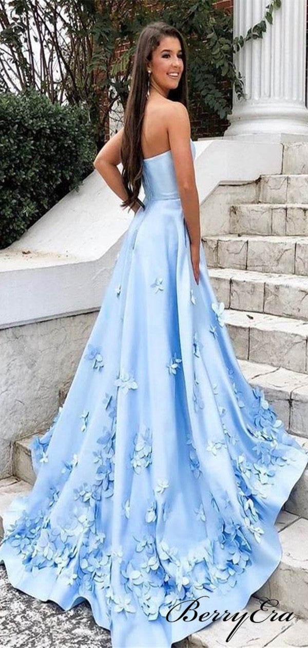 Beauty Blue Color Appliques Prom Dresses, A-line Flower Prom Dresses