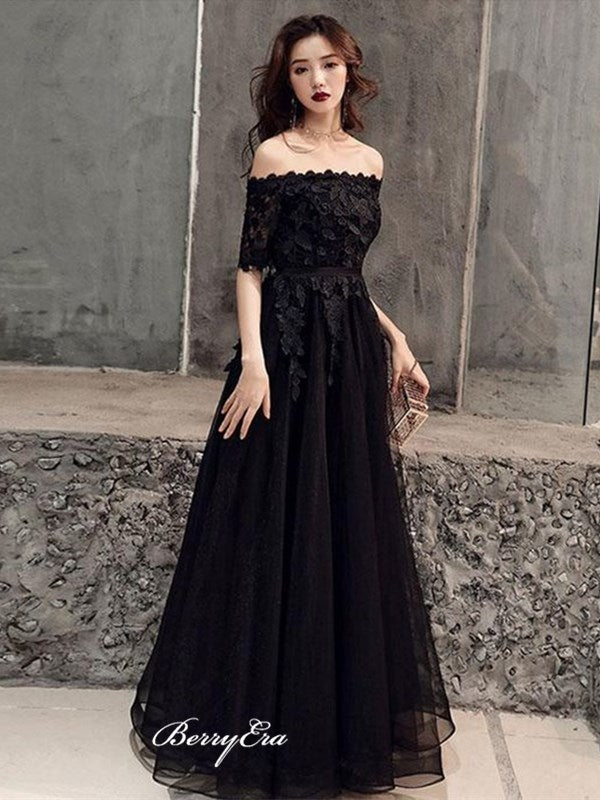 Off Shoulder Black Lace Prom Dresses, Appliques Tulle Elegant 2020 Prom Dresses