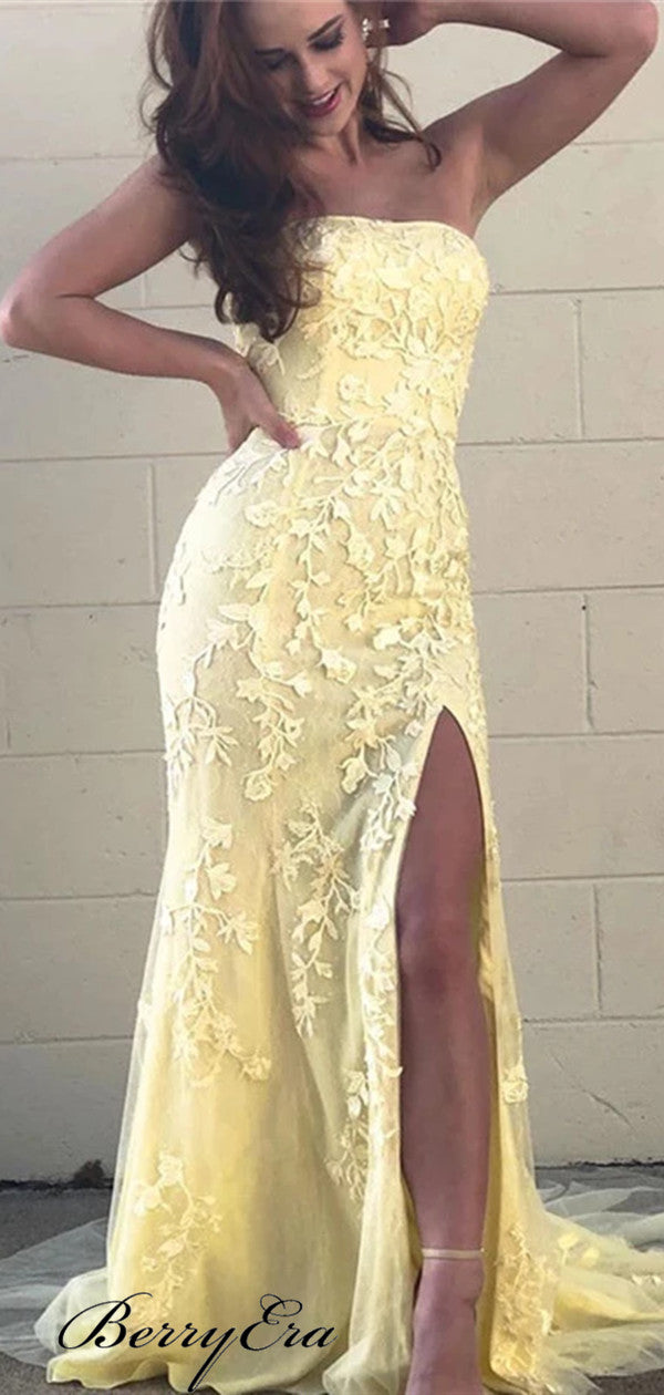 Strapless Slit School Party Prom Dresses, Popular Lace 2020 Prom Dresses