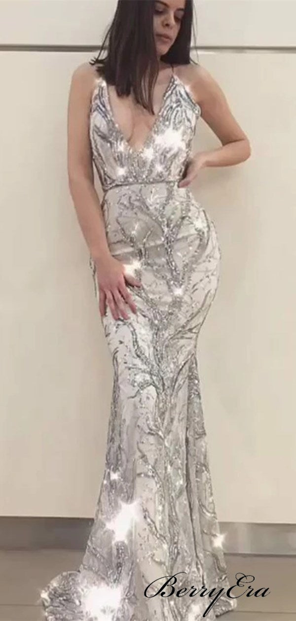 V-neck Mermaid Long Prom Dresses, Fancy 2020 Prom Dresses, Popular Prom Dresses