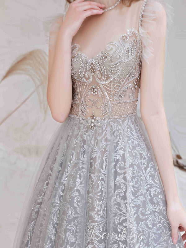 High Neck A-line Silver Lace Beaded Prom Dresses, 2023 Prom Dresses, Newest Prom Dresses, Girl Party Dresses, Evening Dresses