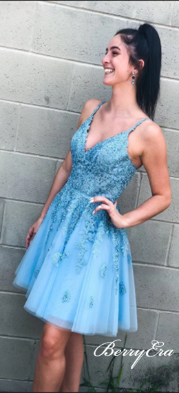 V-neck Blue Lace Beaded Homecoming Dresses, Short Prom Dresses