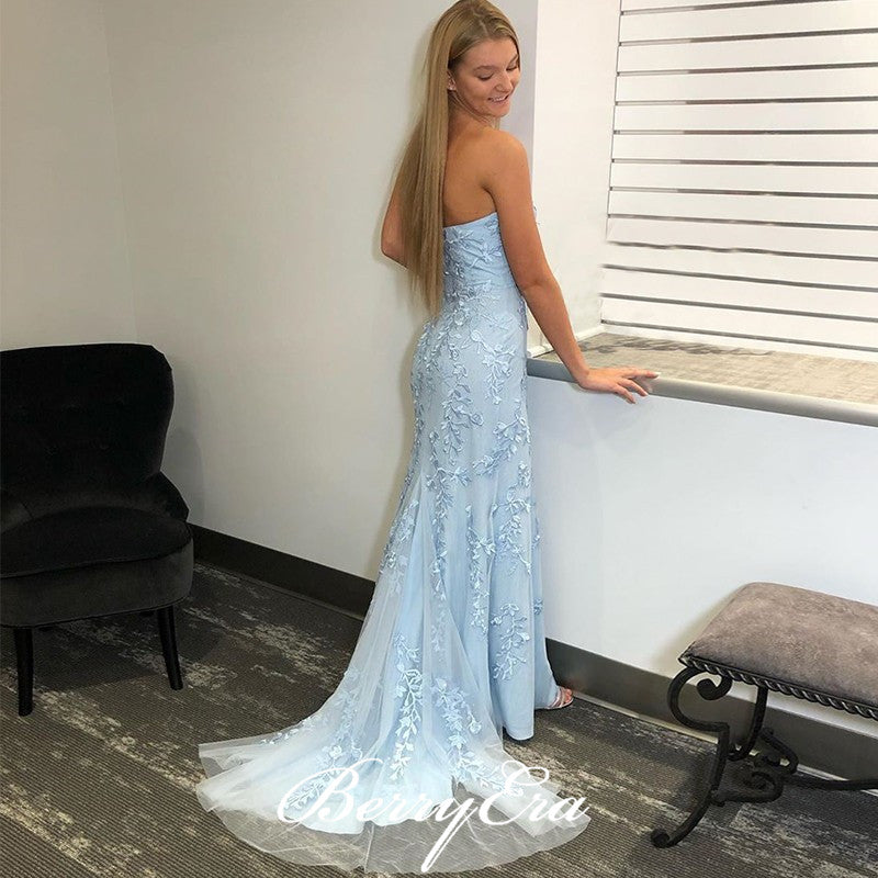 Strapless Long Mermaid Light Blue Lace Tulle Prom Dresses, Side Slit Prom Dresses, 2020 Prom Dresses, Long Prom Dresses