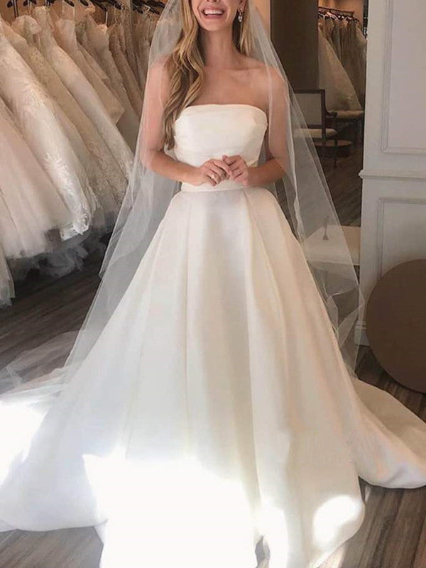 A-line Popular 2020 Wedding Dresses, Simple Strapless Long Wedding Dresses