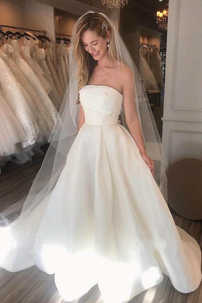 A-line Popular 2020 Wedding Dresses, Simple Strapless Long Wedding Dresses