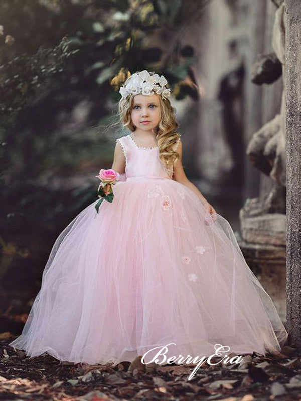 Pink Flower Girl Dresses, Appliques Cute Girl Wedding Flower Girl Dresses
