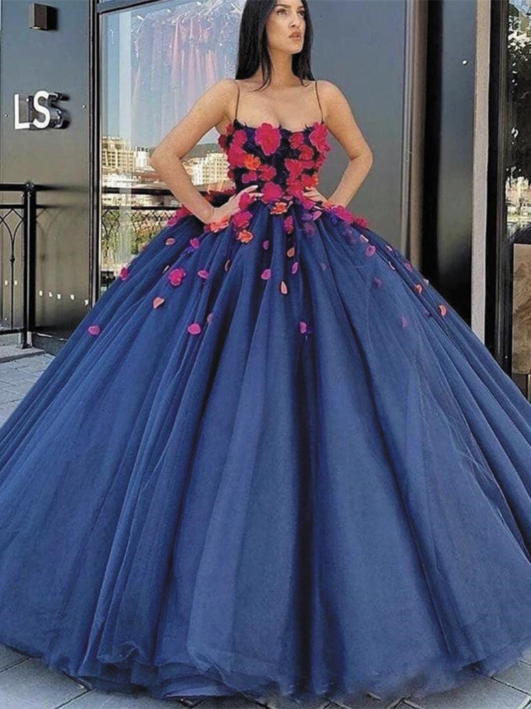 Spaghetti Long Ball Gown Prom Dresses, Quinceanera Dresses, Floral 2021 Prom Dresses